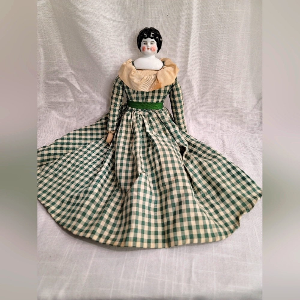 Circa 1870's 150+ year-old Vintage Handmade Porcelain Doll in Checkered Dress